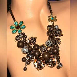 Betsey Johnson leopard lucite ball blue charm necklace choker vintage cluster